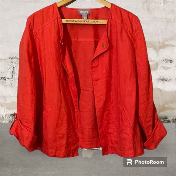 Chico's Jackets & Blazers - Chico’s 100% linen open front blazer. Orange, rollup snap sleeves. Women’s XXL